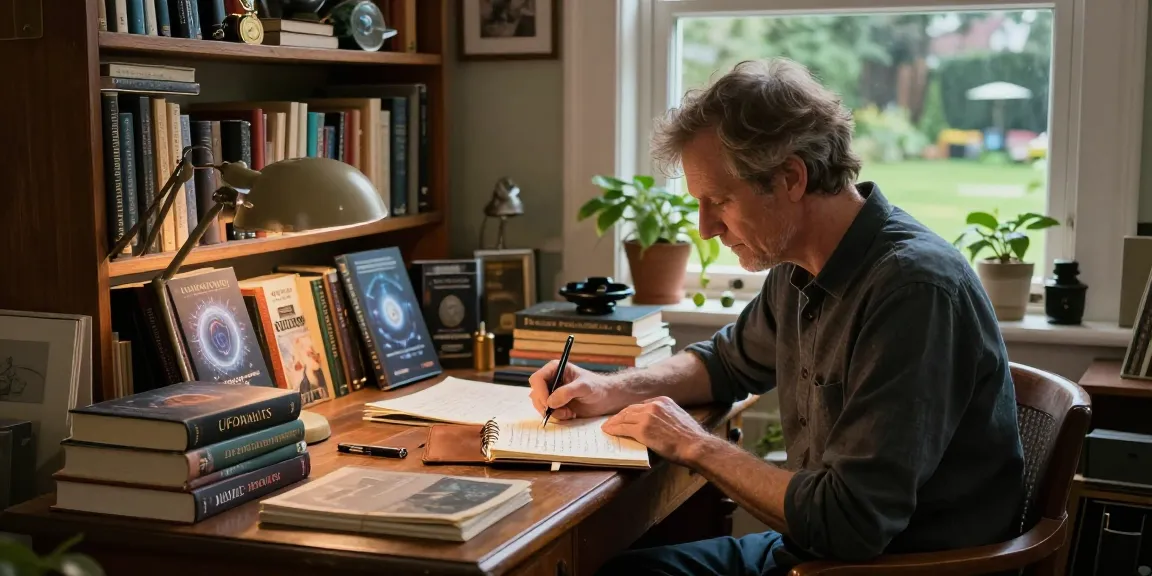 Writer T Allen Greenfield's workspace showcasing spirituality literature and UFO studies, sourced from https://tallengreenfield.com.