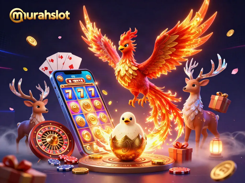 Permainan slot menarik di murahslot dengan permainan berwarna, phoenix menyala, dan koin emas yang berjatuhan.