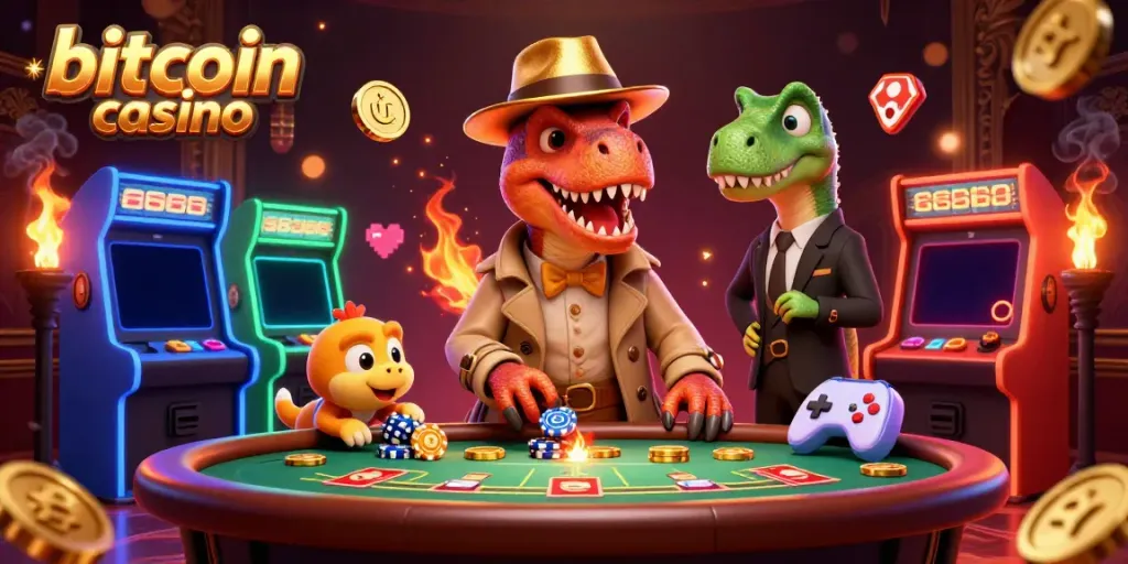 Experience the excitement of a bitcoin casino with 3D velociraptor characters in action.