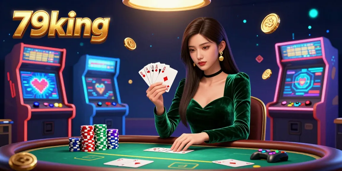 Experience strategic card play at 79king with vibrant neon arcade elements and bustling casino aesthetics.