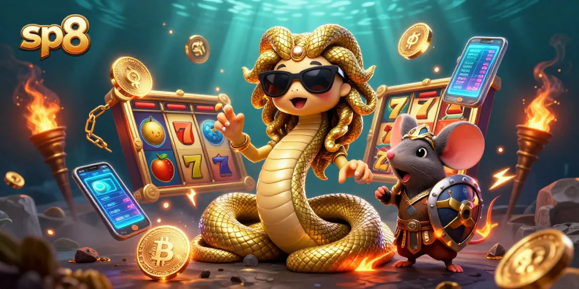 Spin and win at sp8 with a vibrant Medusa and warrior mouse in a lively slot machine scene.