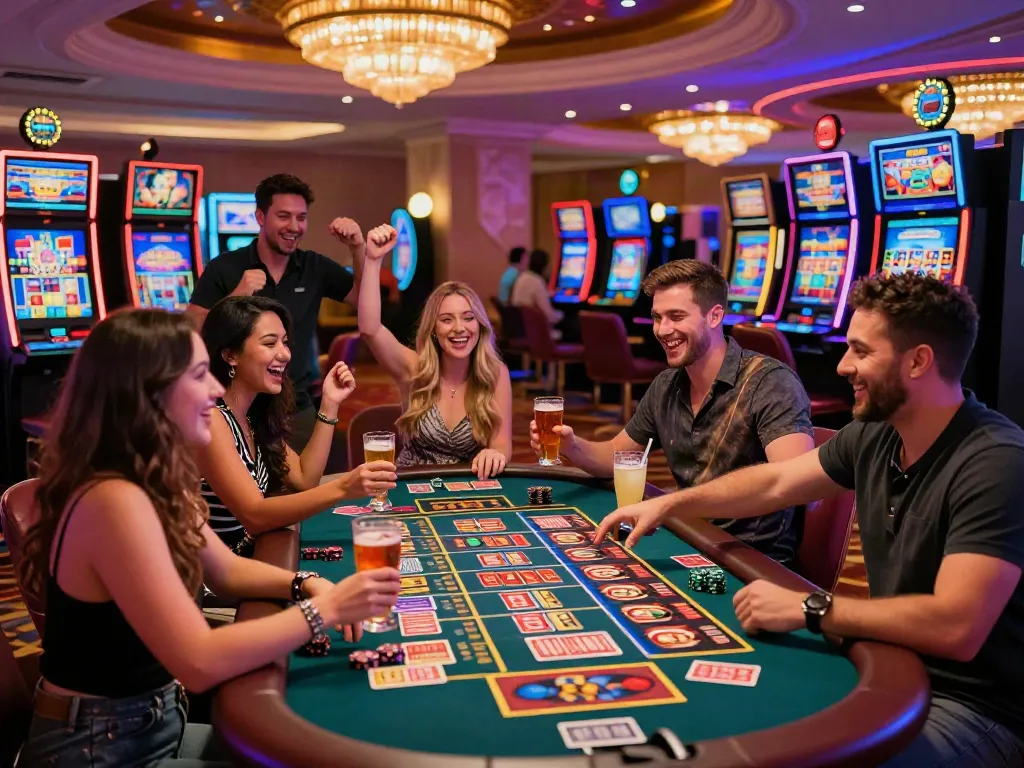 A lively group celebrating a win at akunjp slot machines in a vibrant casino.