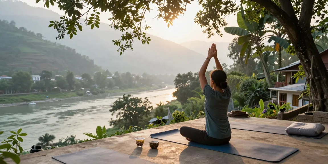 Practicing pranayama courses at a serene yoga retreat in Rishikesh amidst lush nature.
