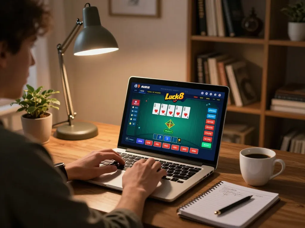 Enjoying a poker game at Luck8 on a laptop in a cozy home office environment