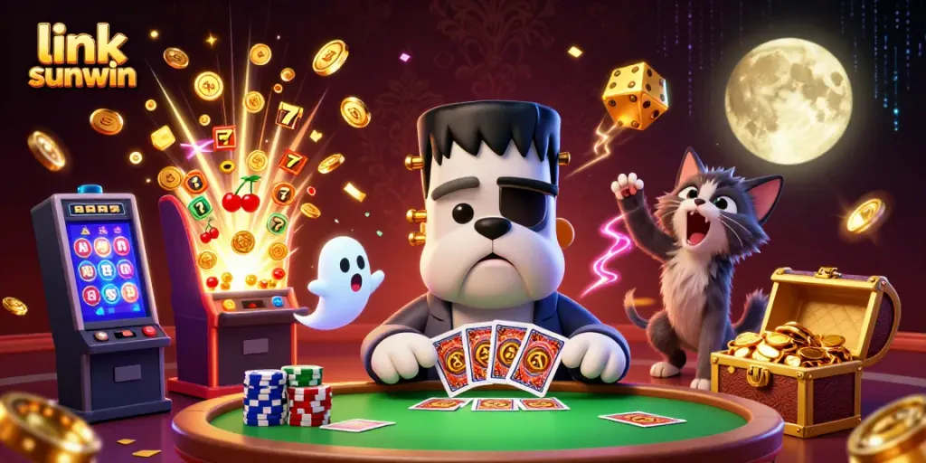 Play thrilling casino games at link sunwin with a vibrant 3D illustration of a bulldog dealer and a jackpot explosion.
