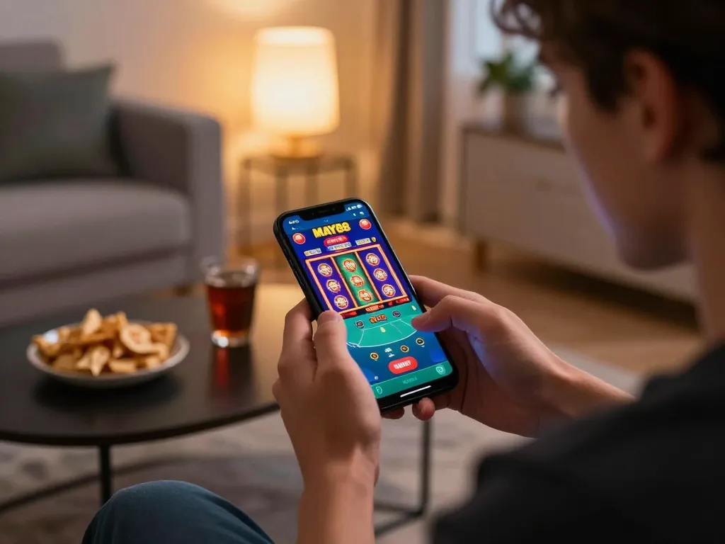 MAY88 app showcasing dynamic gameplay on a smartphone in a cozy home setting.