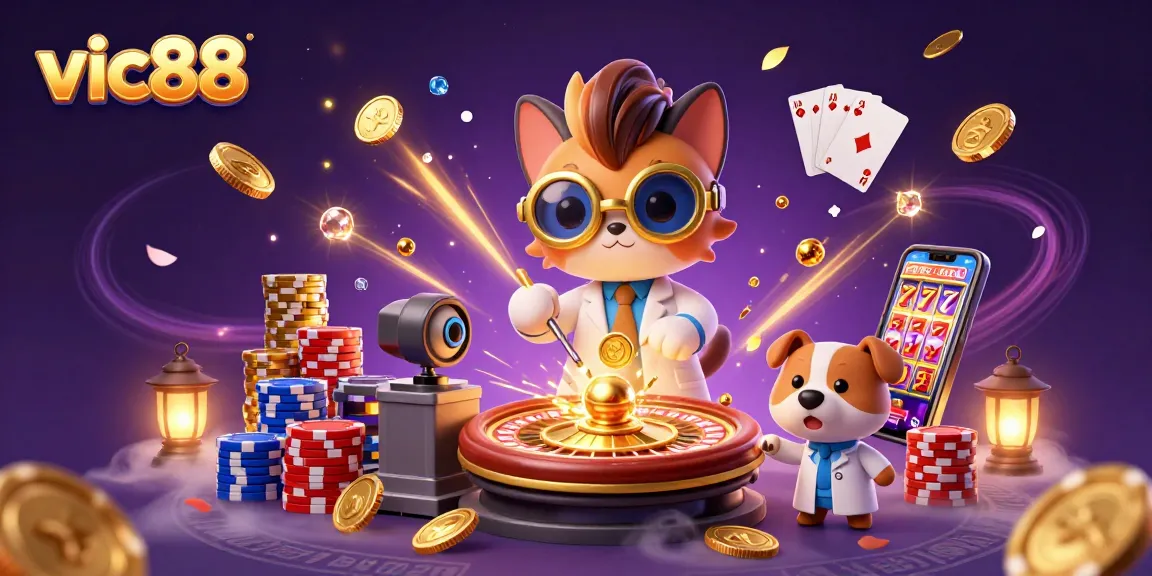 Experience vic88's thrilling casino world with vibrant slot machines, cards, and golden coins.