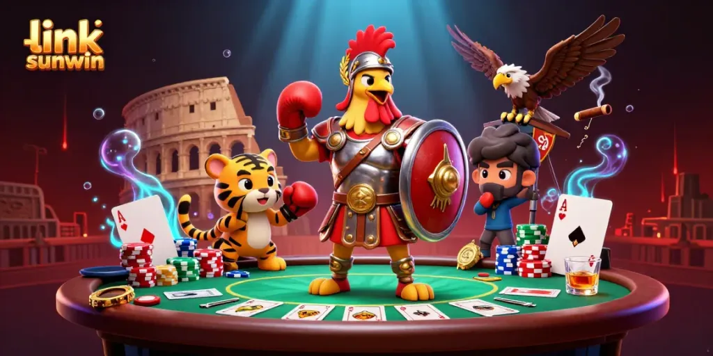 Experience thrilling gameplay with link sunwin at a vibrant casino scene featuring an epic rooster and tiger sparring.