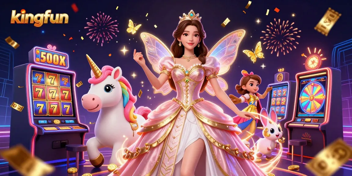Experience the thrill of kingfun with vibrant slot reels and fantasy elements in this detailed illustration.
