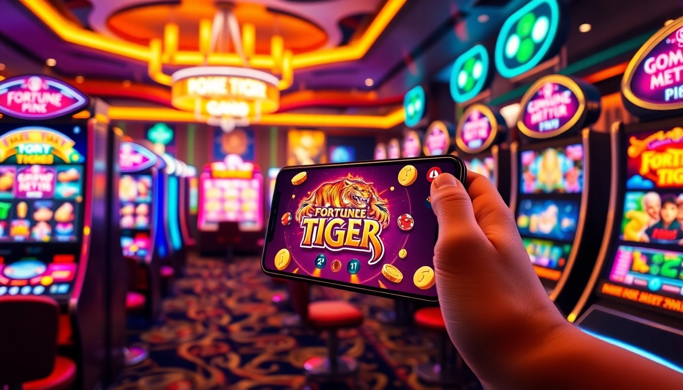 Play Fortune Tiger เล่นผ่านมือถือ with vibrant slot machines and engaging casino elements.