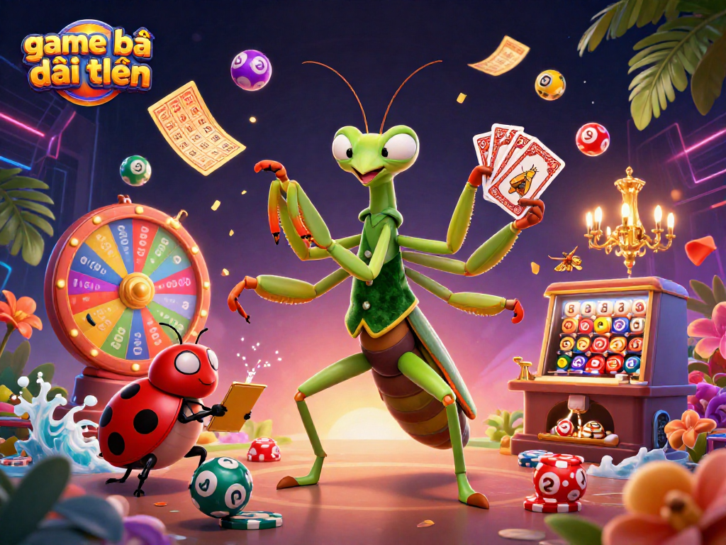 Engaging scene showcasing game bài đổi thưởng with a giant praying mantis card sharp, ladybug pit boss, and colorful lottery elements.