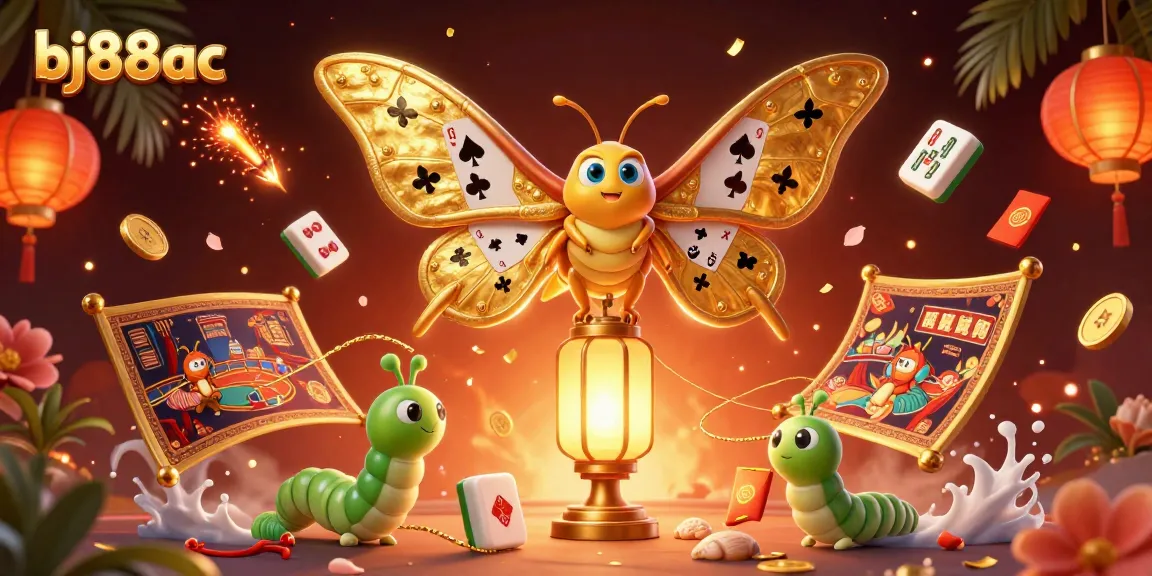 Immerse in bj88ac's world of vibrant casino games featuring a majestic moth surrounded by golden elements.