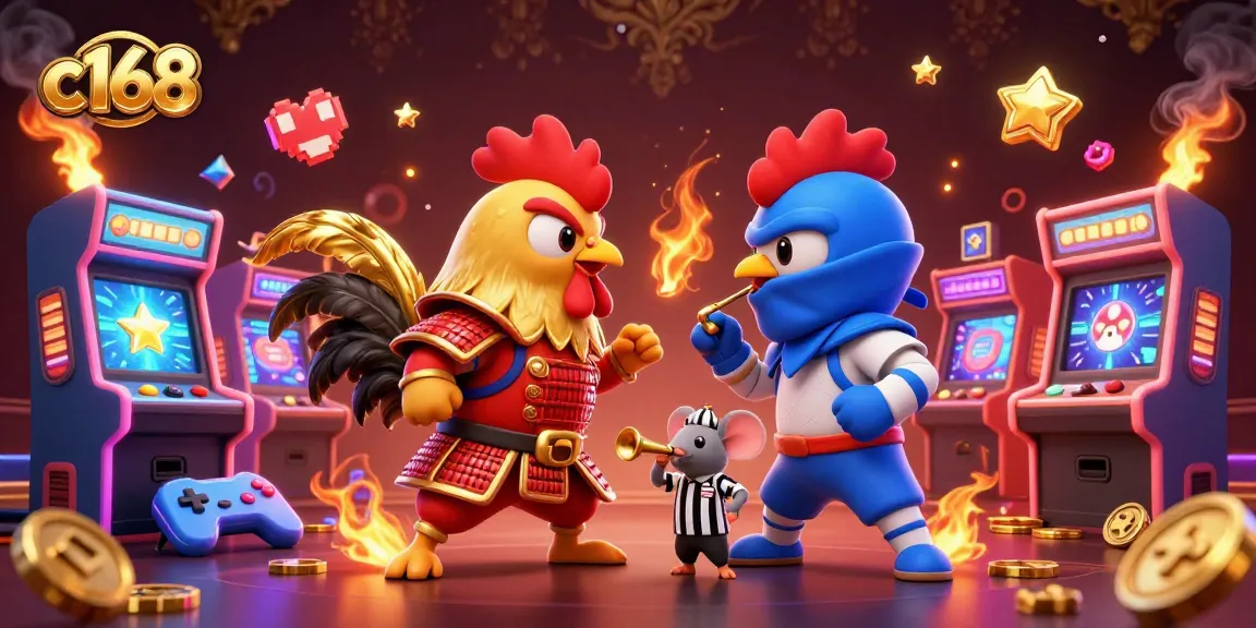 Experience thrilling matches at c168, where fighting roosters battle among arcade games in a vibrant casino setting.