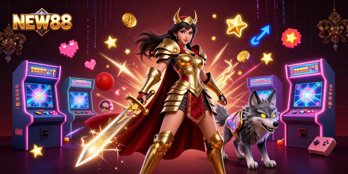 Experience thrilling gaming action with NEW88's enchanting warrior queen in a vibrant casino landscape.