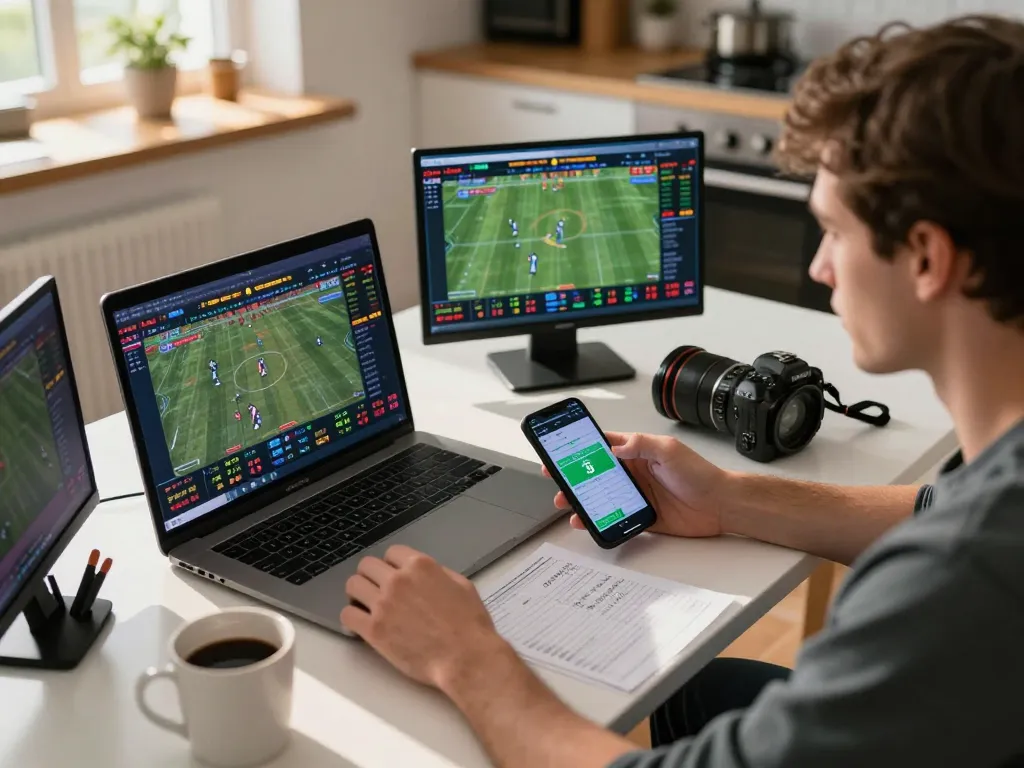 Engaging in sports betting on Fun88 com with multiple screens showcasing live odds and match updates.