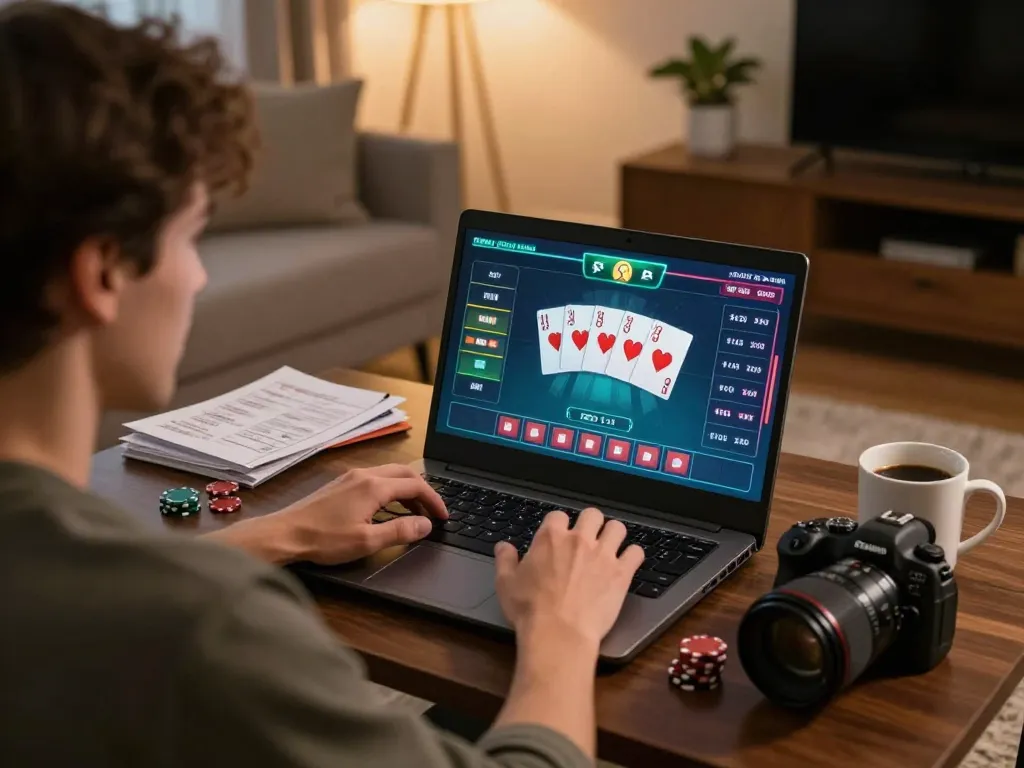 Engage in online poker at Luck8 đăng nhập with vibrant graphics in a cozy living room setting.