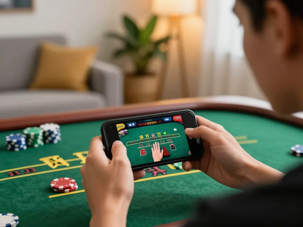 Enjoying online casinos not on gamstop from home with a mobile phone in hand.