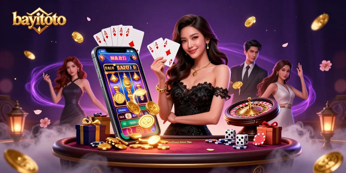 Winning at bayitoto casino with a stylish Asian woman holding ace cards, surrounded by dynamic gaming elements.