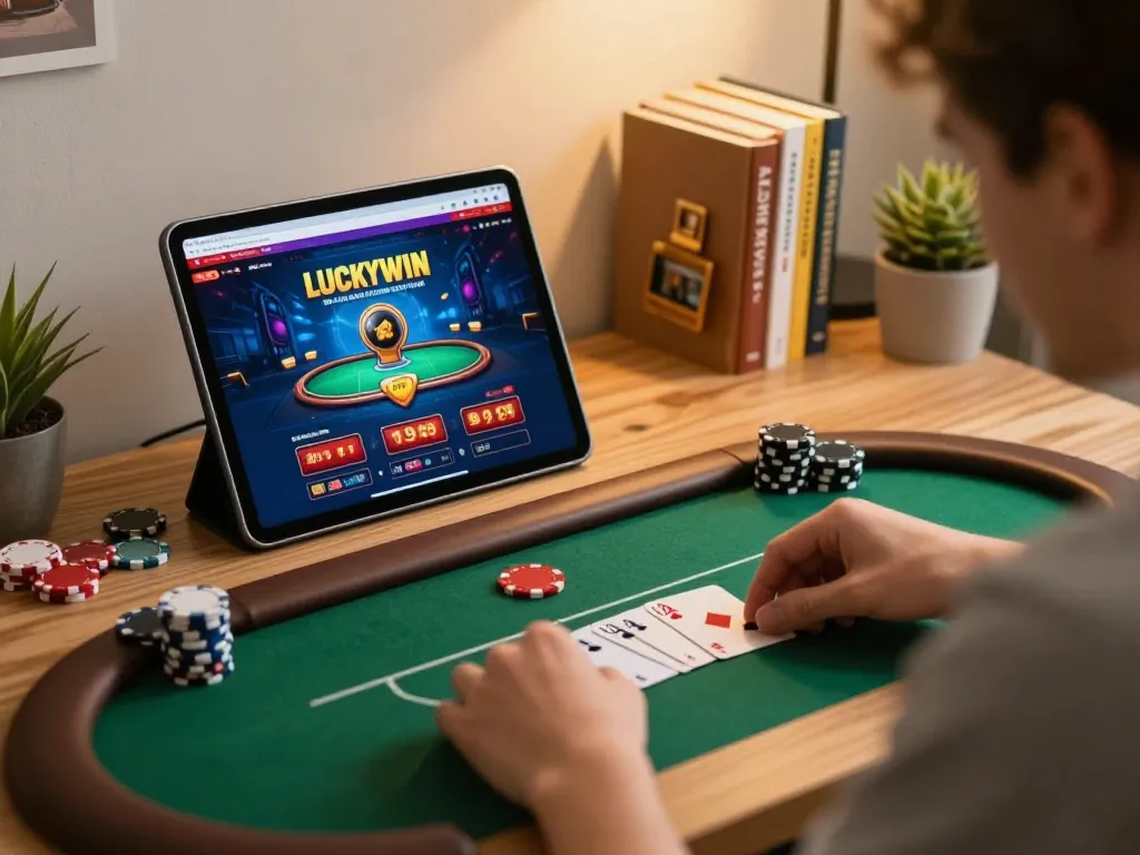 Engaged in a LUCKYWIN.COM poker game on a tablet, cozy home office setting.