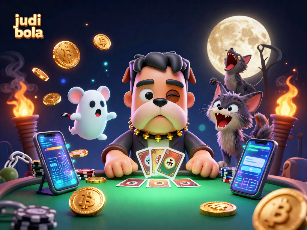 Engage in judi bola action with a dynamic 3D scene featuring unique cartoon characters and casino elements.