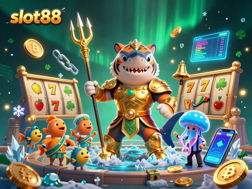 Engage with slot88 as a fierce tiger shark in a vibrant underwater colosseum battling for jackpot rewards.