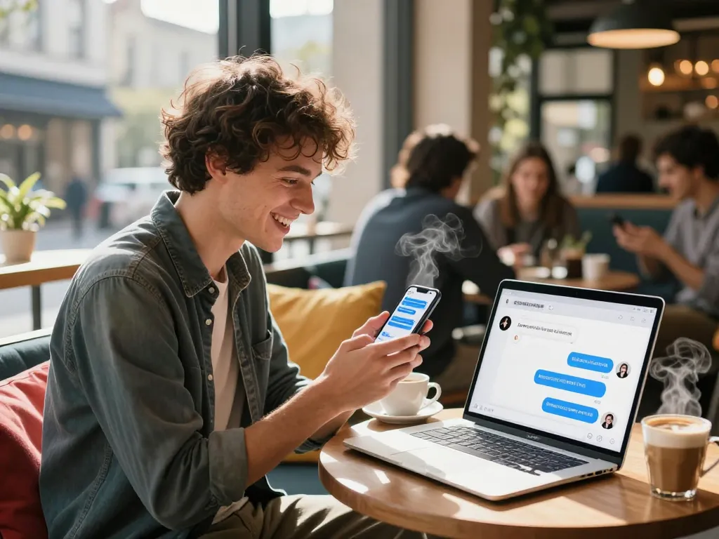 Engaging conversation using ai chat nsfw on smartphone in a vibrant café setting.