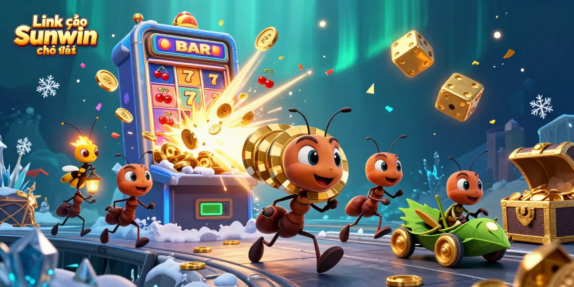 Engage with the thrilling Link vào Sunwin chính thức, featuring ants in a heist with golden poker chips amidst swirling casino elements.