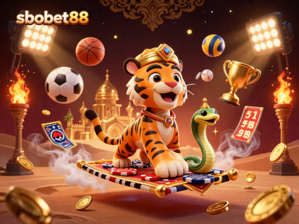 SboBet88's vibrant 3D illustration showcases a tiger sultan on a flying poker chip carpet amidst dynamic sports elements.