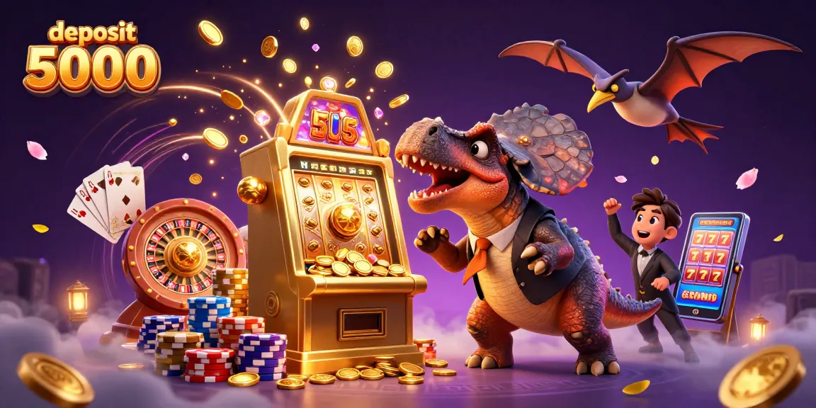 Engage with deposit 5000 strategy in a vibrant casino scene featuring a dinosaur jackpot interaction.