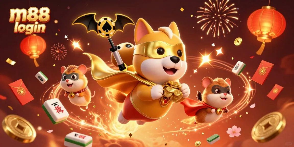 Experience thrilling m88 login with a vibrant casino-themed illustration featuring a superhero dog and hamster.