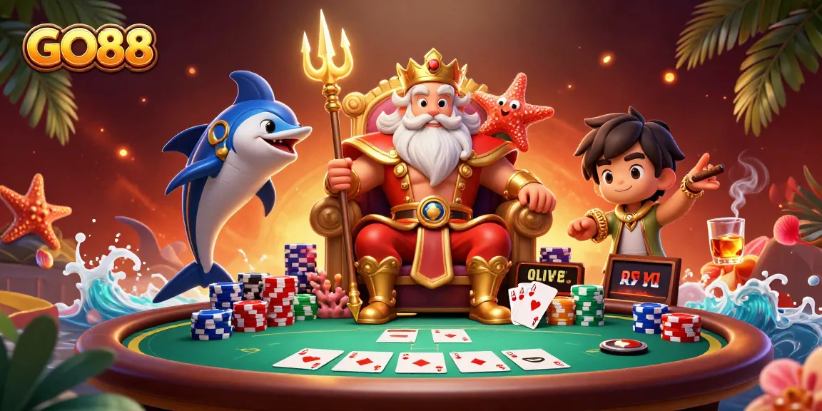 Engage in thrilling poker action at GO88 with vibrant 3D illustrations featuring poker chips and cards.