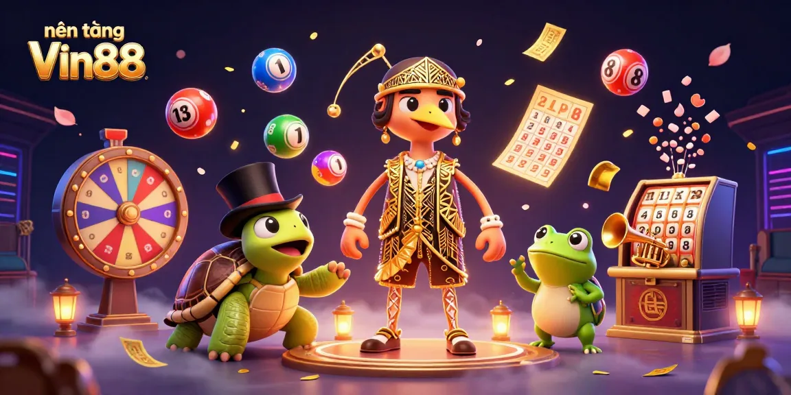 Engage with nền tảng Vin88 through vibrant lottery action in a colorful casino scene.