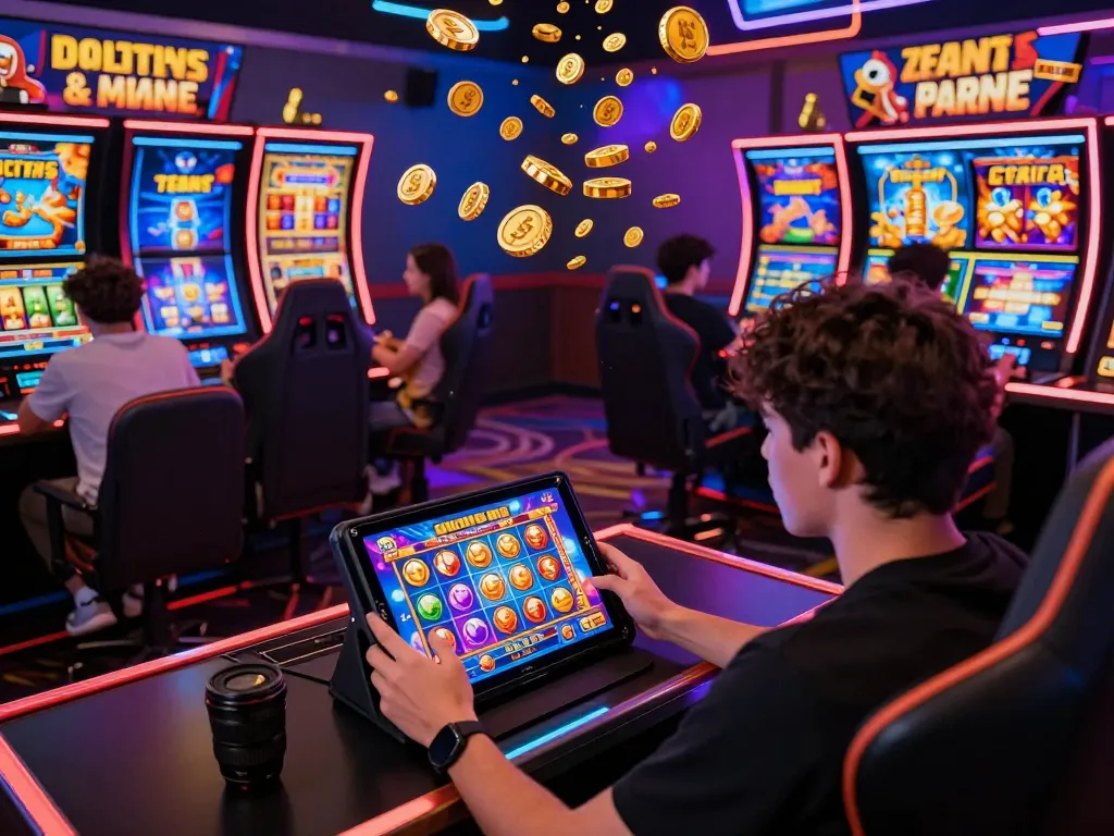 Pemain terlibat dalam permainan situs slot di atmosfer kasino online yang menarik, menampilkan animasi berwarna-warni dan lingkungan yang hidup.