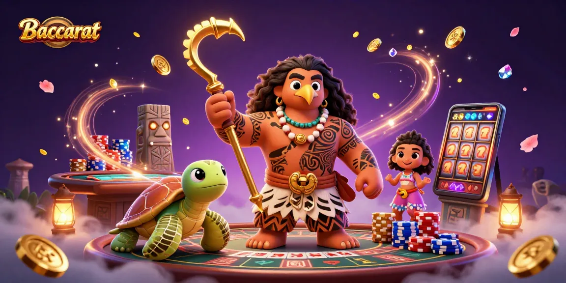 Baccarat game scene featuring a Polynesian demigod and a turtle, vibrant casino elements and rich visuals.