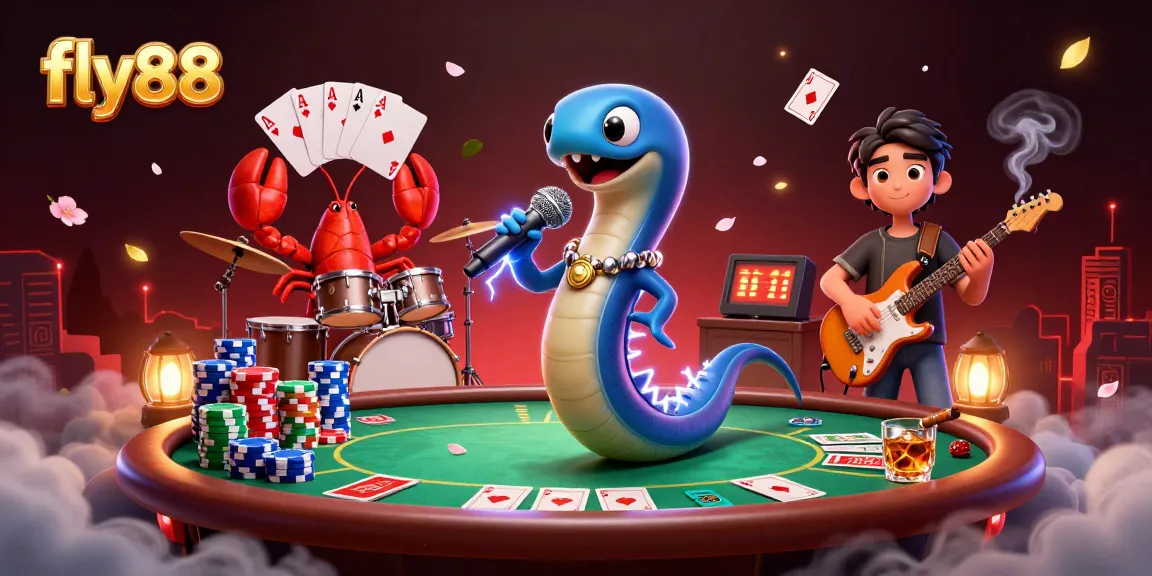 Engage with fly88's thrilling underwater casino scene featuring a DJ eel and vibrant characters performing.