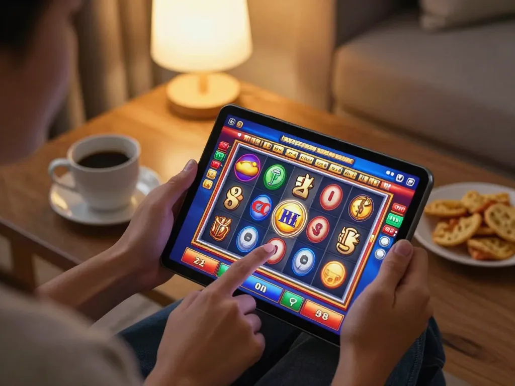 Player enjoying an online slot experience on tablet, showcasing situs slot and engaging visuals in a cozy setting.