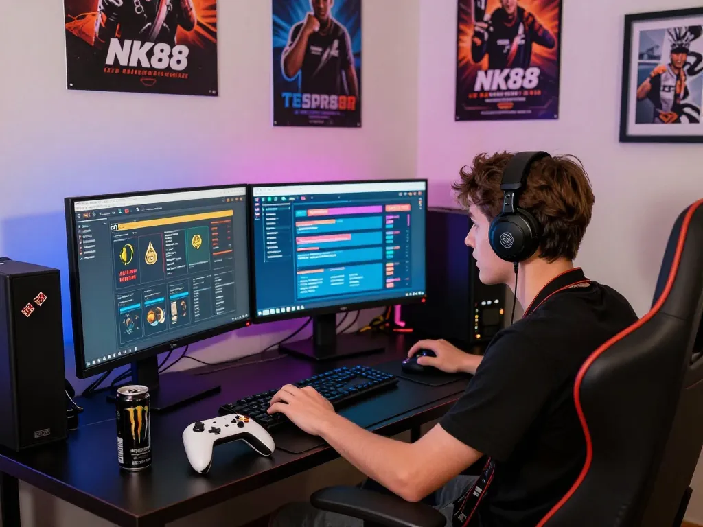 Young gamer using nk88 betting platform in a vibrant, illuminated room.