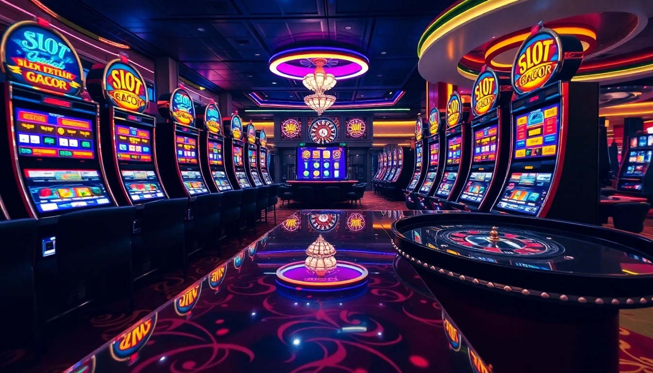 Engaging with slot gacor machines amid a vibrant casino atmosphere filled with excitement.