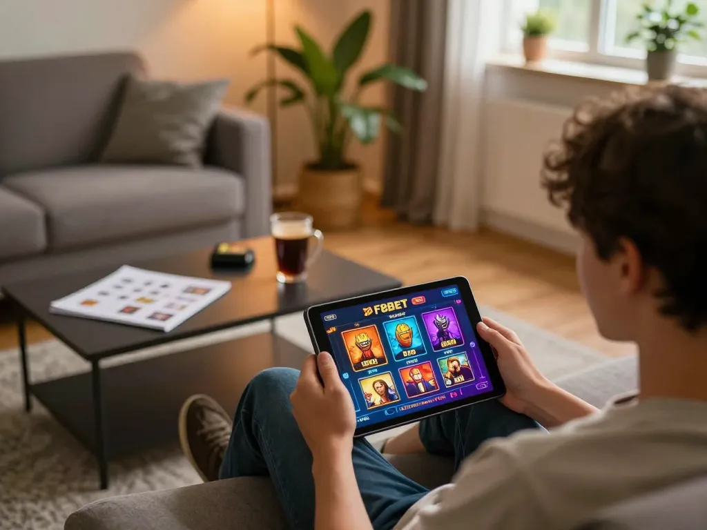 Engaging with F8BET's exciting online casino games from a cozy home setup, showcasing strategic gameplay.