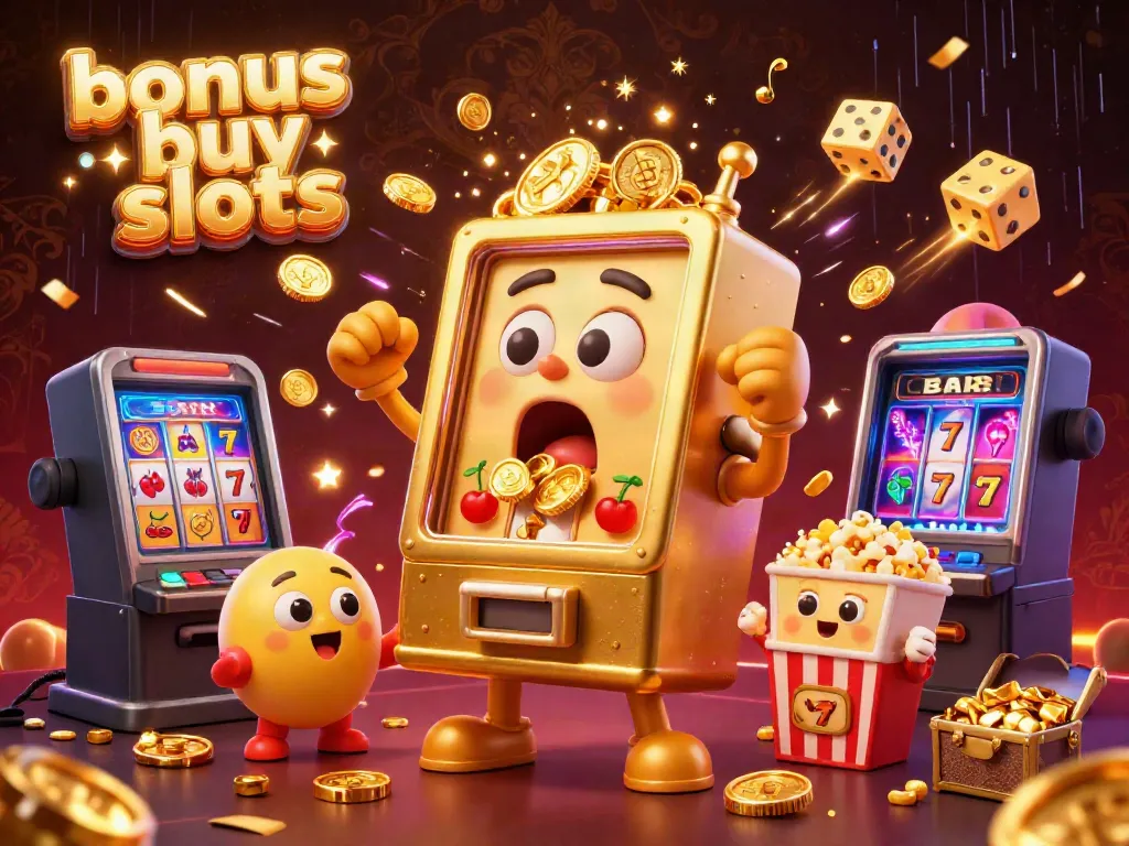 Experience thrilling bonus buy slots with a golden slot machine hitting jackpots, surrounded by festive symbols and winning elements.