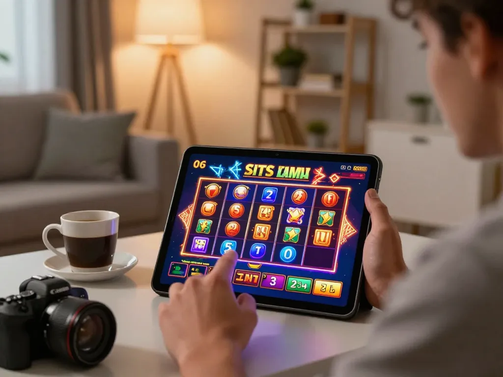 Situs slot game display on a tablet during engaging online gaming session at home with warm lighting.