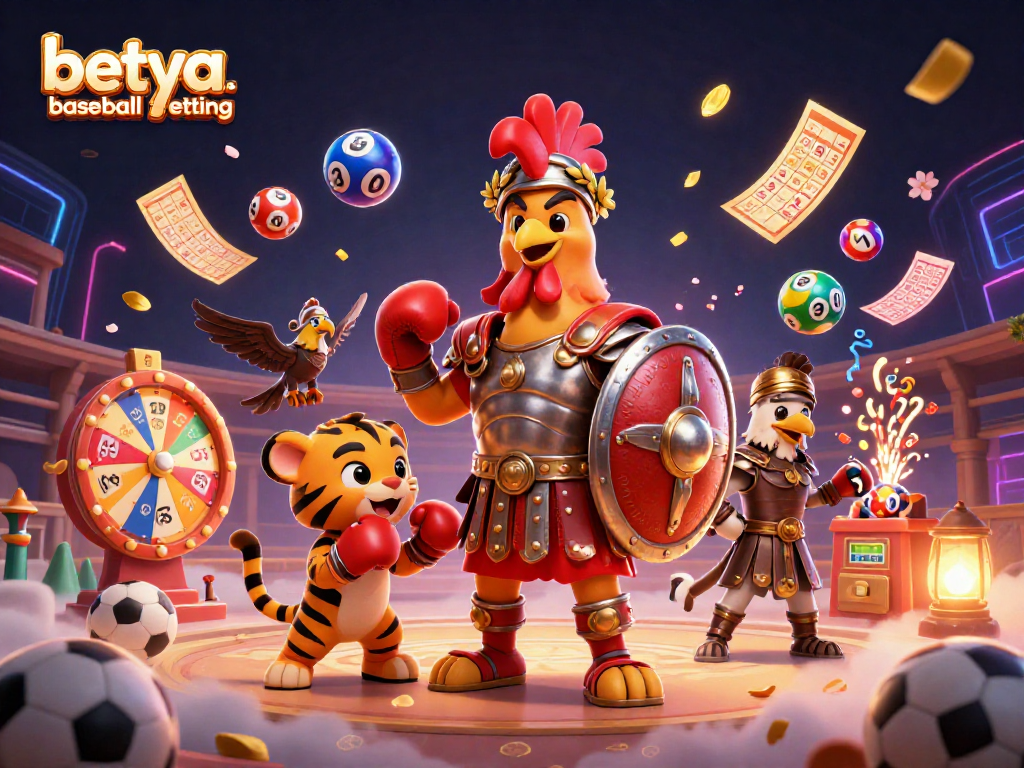 Engage in betya.com baseball betting with dynamic 3D illustration of a rooster gladiator and sports elements.