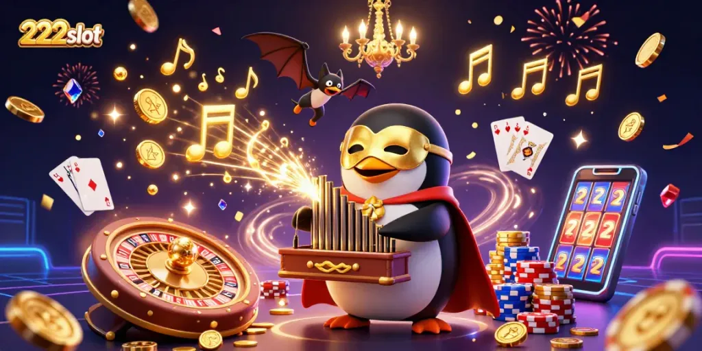 Permainan slot 222slot dengan penguin opera dan koin emas, menciptakan suasana kasino yang meriah.