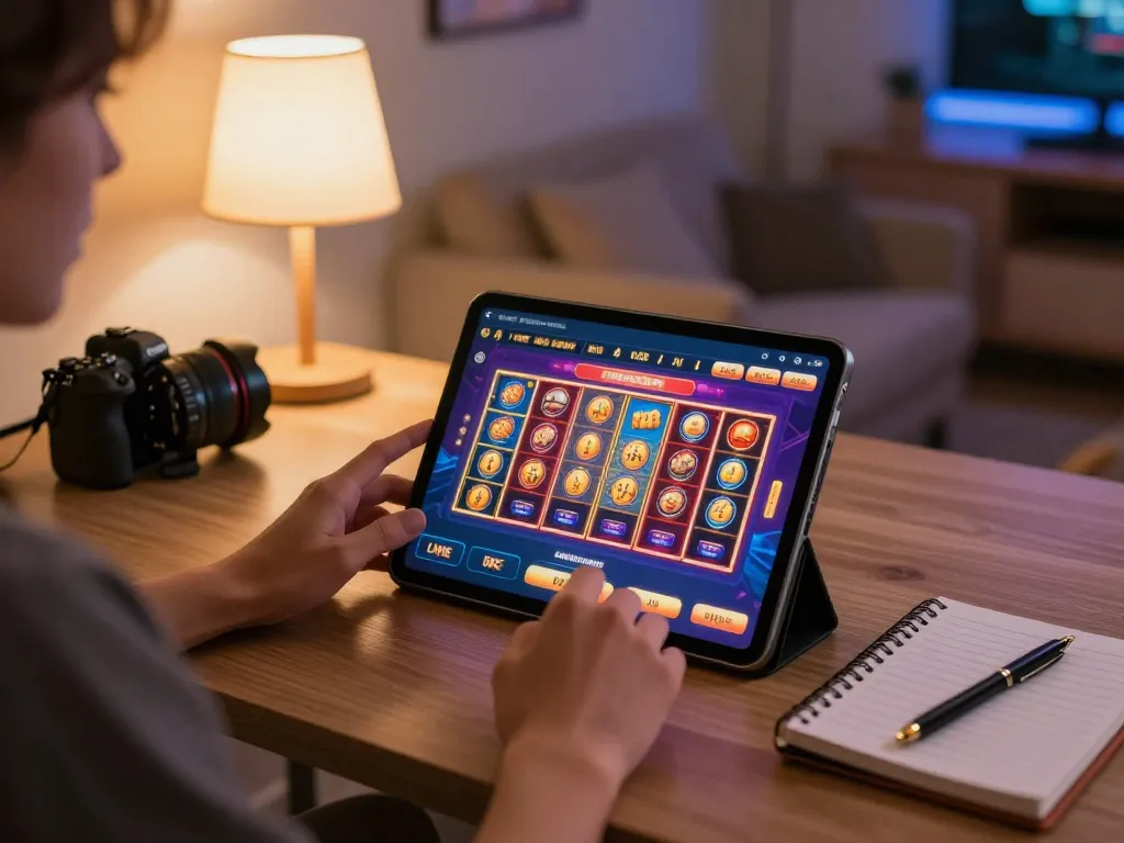 Player engaging with NK88 online casino on tablet, showcasing vibrant gameplay and responsible gaming atmosphere.