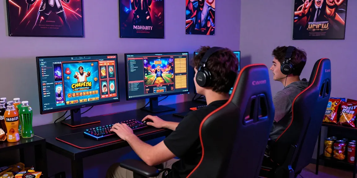 Mahajitu online gaming scene featuring an engaged player with dual monitors, showcasing popular games in a vibrant atmosphere.