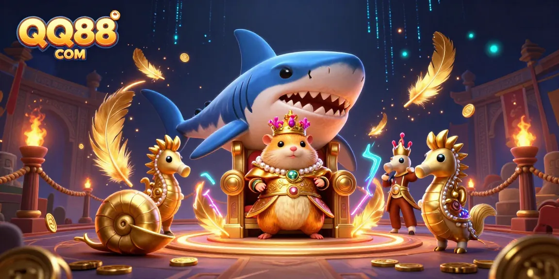 Engage in exciting gaming adventures with QQ88 COM featuring a golden hamster king in a thrilling casino scene.