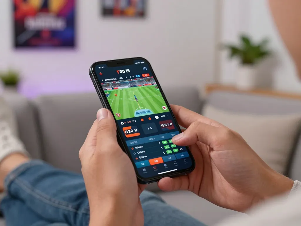 Engaging in sports betting with xx88 vin app on a smartphone in a cozy home setting.