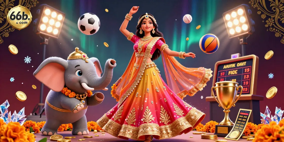 Experience thrilling betting action at 66b. com with a vibrant scene of casino elements and a Bollywood dancer.