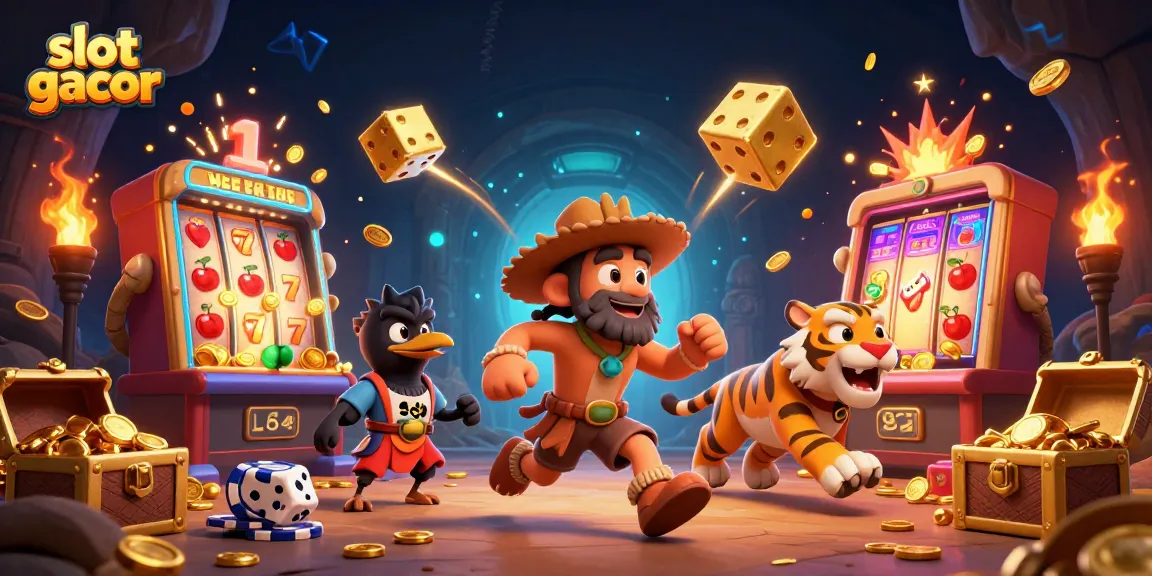 Engage in thrilling slot gacor adventures with a vibrant, colorful casino scene exploding with excitement.