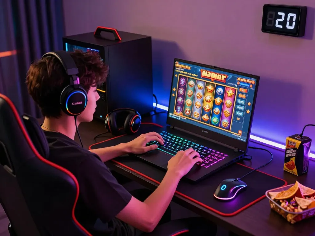 Online gaming scene featuring a player engaging with slot gacor on a laptop in a vibrant, immersive environment.